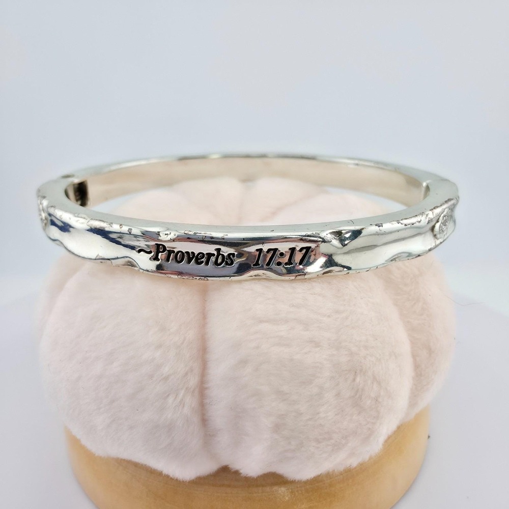 BRIGHTON 'Proverbs 17:17' Hinged Bangle Bracelet Etched Silver Plate 6.75"